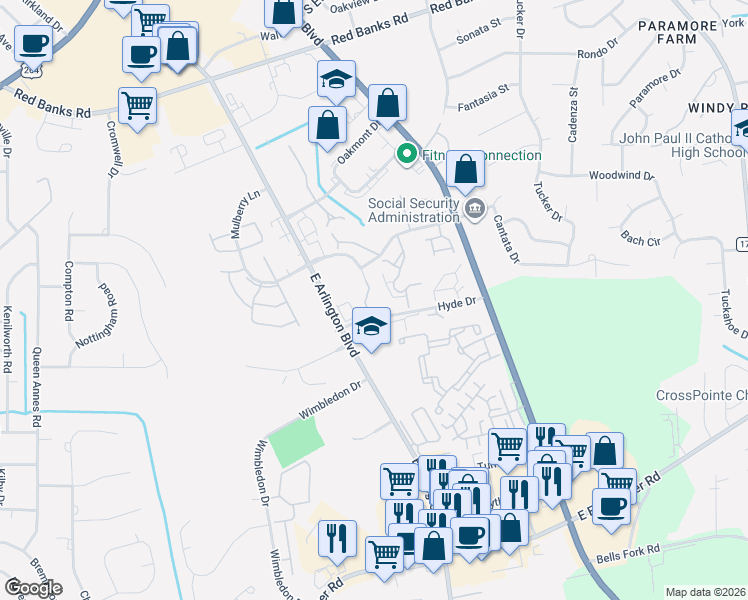 map of restaurants, bars, coffee shops, grocery stores, and more near 3220 Mulberry Lane in Greenville