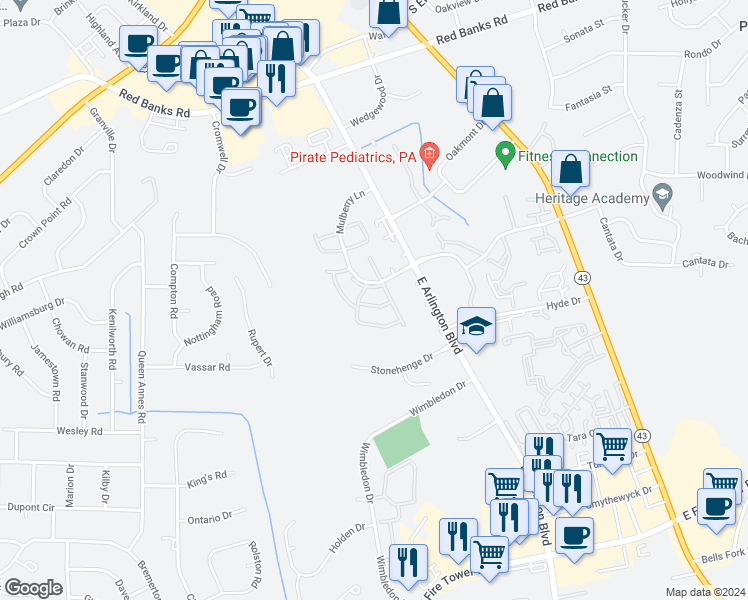 map of restaurants, bars, coffee shops, grocery stores, and more near 2912 Mulberry Lane in Greenville