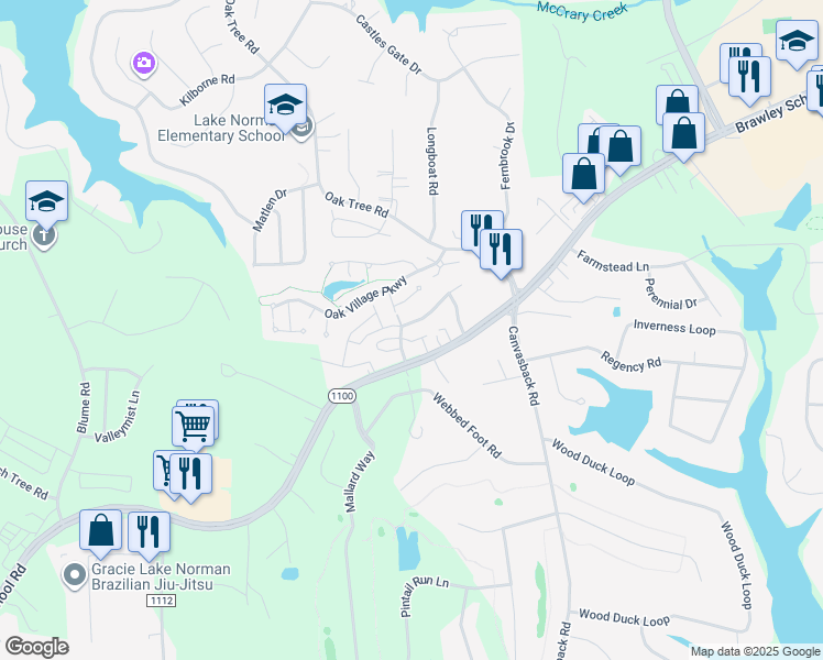 map of restaurants, bars, coffee shops, grocery stores, and more near 109 Clusters Circle in Mooresville