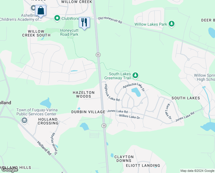 map of restaurants, bars, coffee shops, grocery stores, and more near 2701 Banks Lake Court in Fuquay Varina