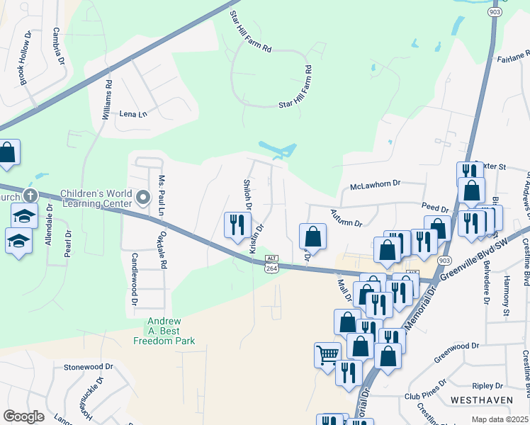 map of restaurants, bars, coffee shops, grocery stores, and more near 205 Kristin Drive in Greenville
