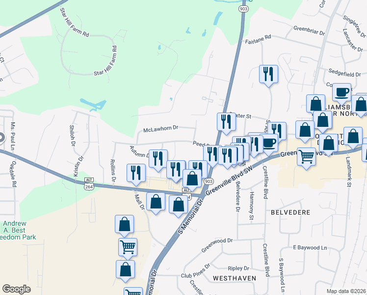 map of restaurants, bars, coffee shops, grocery stores, and more near 803 Peed Drive in Greenville