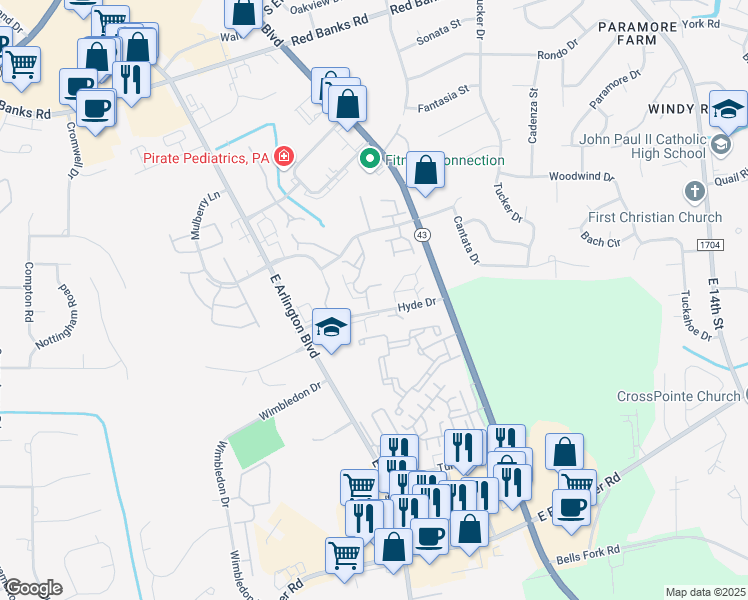 map of restaurants, bars, coffee shops, grocery stores, and more near 122 Breezewood Drive in Greenville