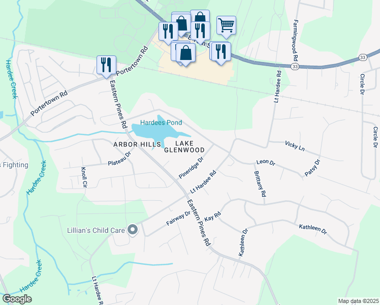 map of restaurants, bars, coffee shops, grocery stores, and more near 105 Lakeview Drive in Greenville
