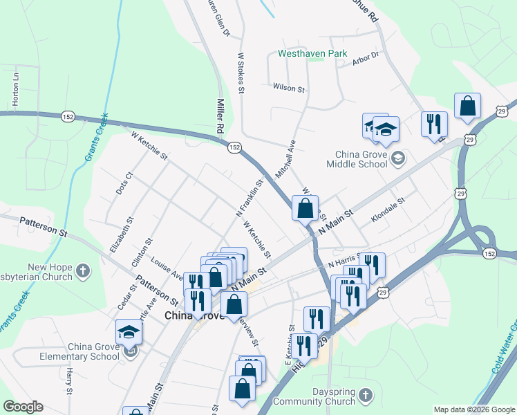 map of restaurants, bars, coffee shops, grocery stores, and more near 225 Ross Street in China Grove