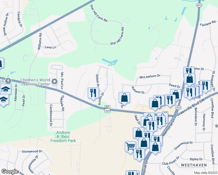 map of restaurants, bars, coffee shops, grocery stores, and more near 202 Kristin Drive in Greenville