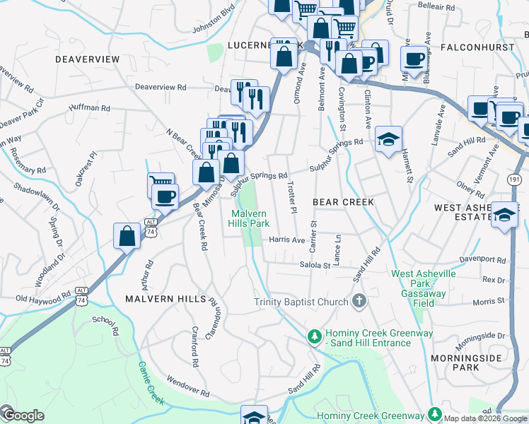 map of restaurants, bars, coffee shops, grocery stores, and more near 65 Middlemont Avenue in Asheville