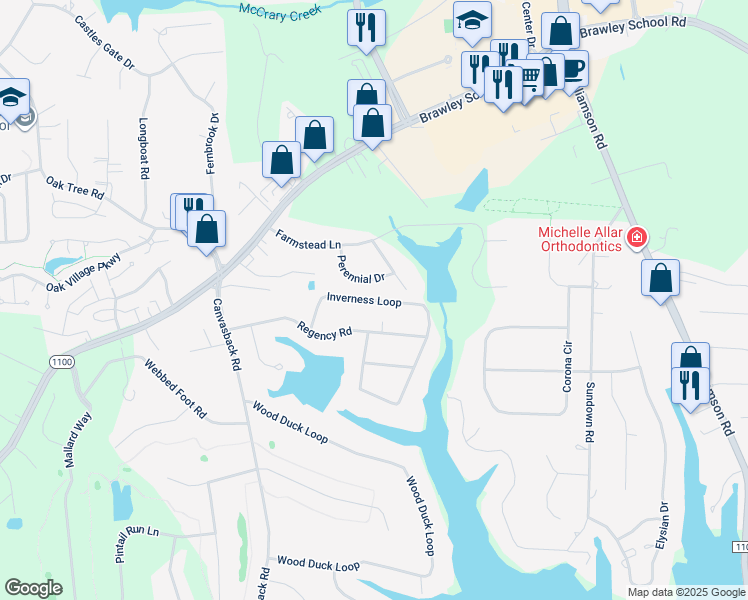 map of restaurants, bars, coffee shops, grocery stores, and more near Inverness Loop in Mooresville