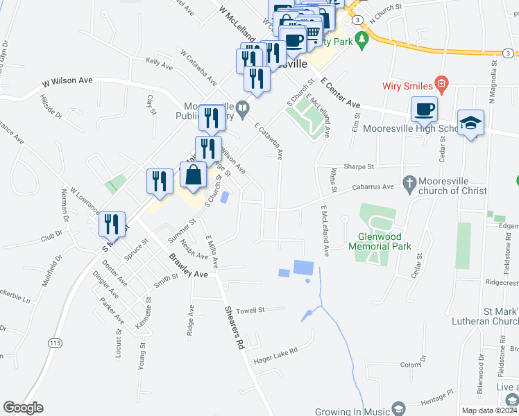 map of restaurants, bars, coffee shops, grocery stores, and more near 347 East Wilson Avenue in Mooresville