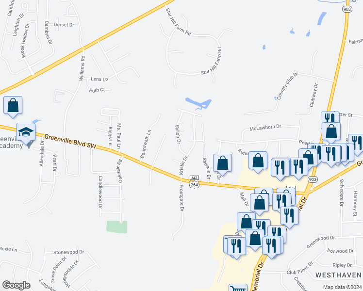 map of restaurants, bars, coffee shops, grocery stores, and more near 102 Stuart Circle in Greenville