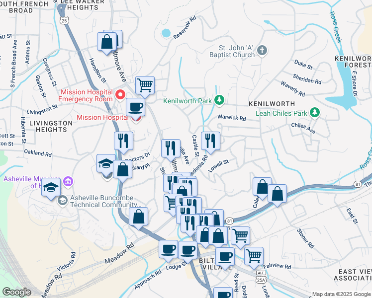 map of restaurants, bars, coffee shops, grocery stores, and more near 1 Unadilla Alley in Asheville