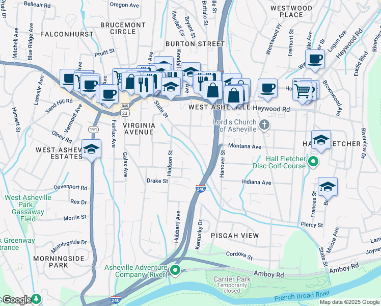map of restaurants, bars, coffee shops, grocery stores, and more near 115 State Street in Asheville