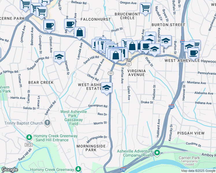 map of restaurants, bars, coffee shops, grocery stores, and more near 20 Olney Road in Asheville