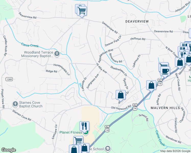 map of restaurants, bars, coffee shops, grocery stores, and more near 7 Evergreen Avenue in Asheville