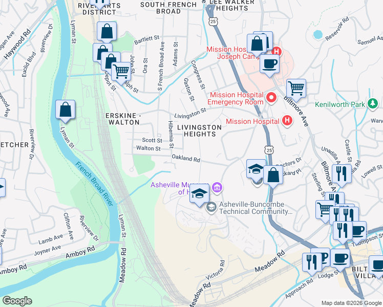 map of restaurants, bars, coffee shops, grocery stores, and more near 74 Oakland Road in Asheville