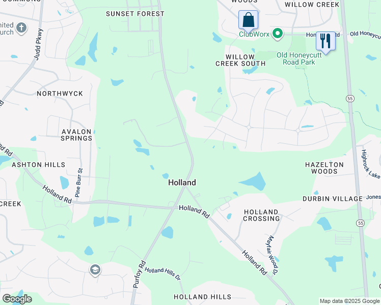 map of restaurants, bars, coffee shops, grocery stores, and more near Purfoy Road in Fuquay-Varina