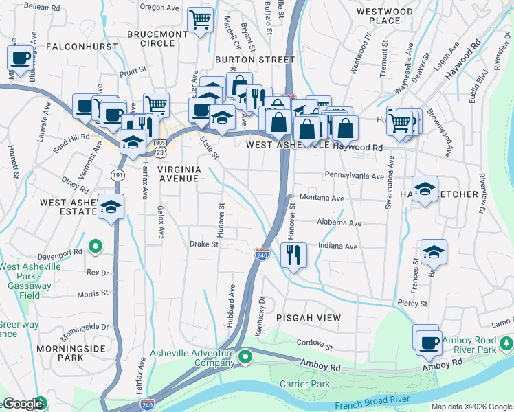 map of restaurants, bars, coffee shops, grocery stores, and more near 175 Montana Avenue in Asheville