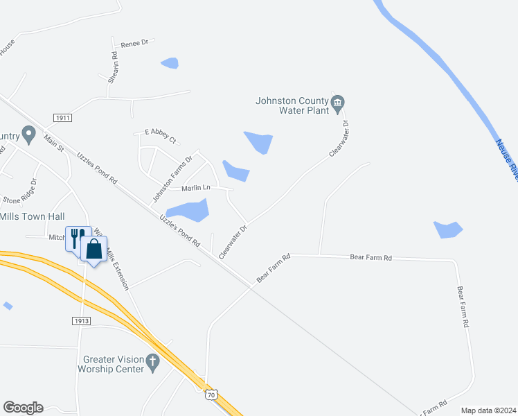 map of restaurants, bars, coffee shops, grocery stores, and more near 139 Clearwater Drive in Smithfield