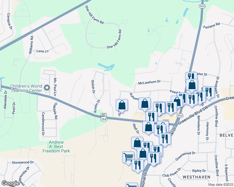 map of restaurants, bars, coffee shops, grocery stores, and more near 205 Rollins Drive in Greenville