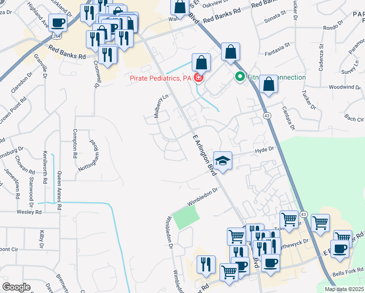 map of restaurants, bars, coffee shops, grocery stores, and more near 3002 Mulberry Lane in Greenville