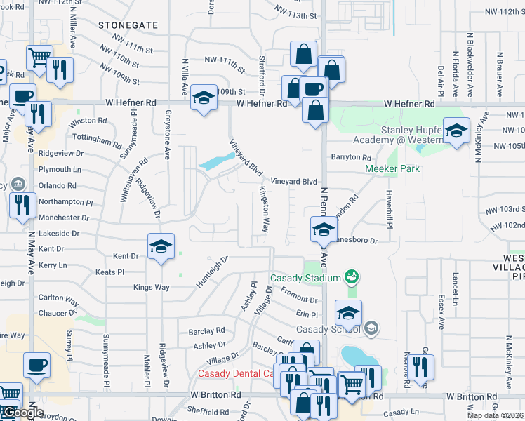 map of restaurants, bars, coffee shops, grocery stores, and more near 10256 Kingston Way in The Village