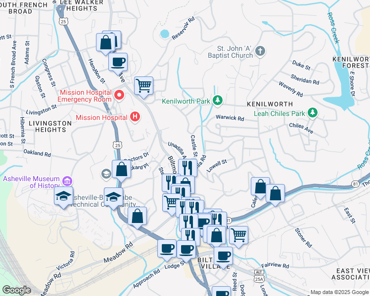 map of restaurants, bars, coffee shops, grocery stores, and more near 1 Unadilla Alley in Asheville