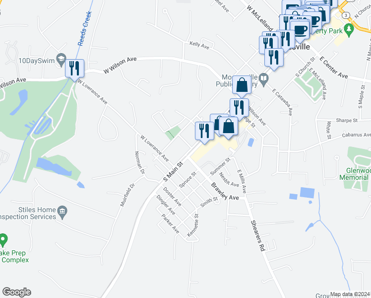 map of restaurants, bars, coffee shops, grocery stores, and more near 551 South Broad Street in Mooresville