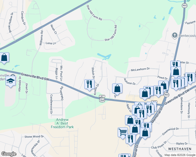 map of restaurants, bars, coffee shops, grocery stores, and more near 102 Stuart Circle in Greenville