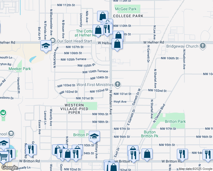 map of restaurants, bars, coffee shops, grocery stores, and more near 1108 Northwest 103rd Street in Oklahoma City