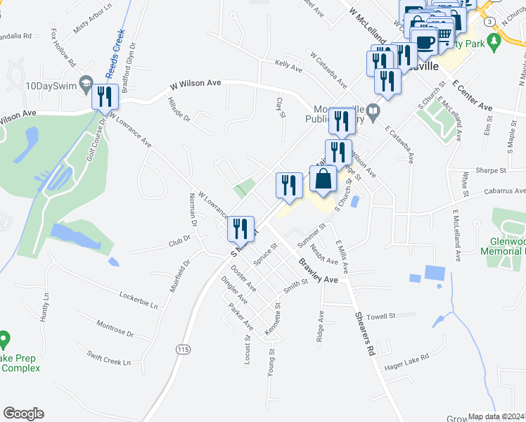 map of restaurants, bars, coffee shops, grocery stores, and more near 553 South Broad Street in Mooresville