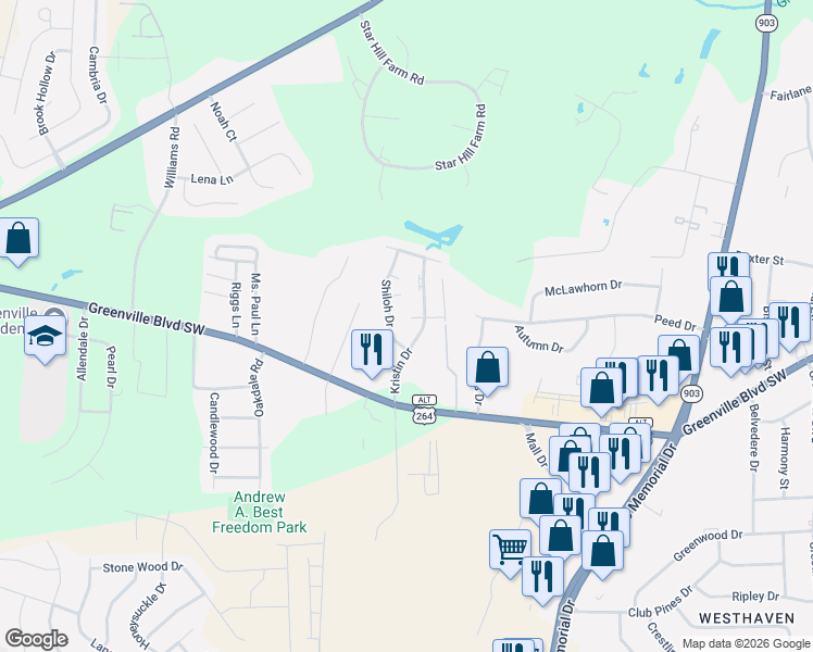 map of restaurants, bars, coffee shops, grocery stores, and more near 103 Mosby Circle in Greenville