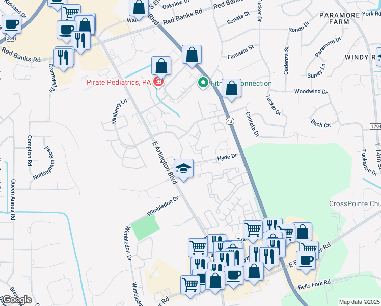 map of restaurants, bars, coffee shops, grocery stores, and more near 112 Breezewood Drive in Greenville