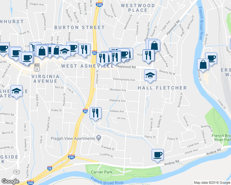map of restaurants, bars, coffee shops, grocery stores, and more near 78 Montana Avenue in Asheville