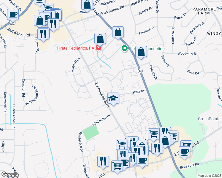 map of restaurants, bars, coffee shops, grocery stores, and more near 108 Breezewood Drive in Greenville