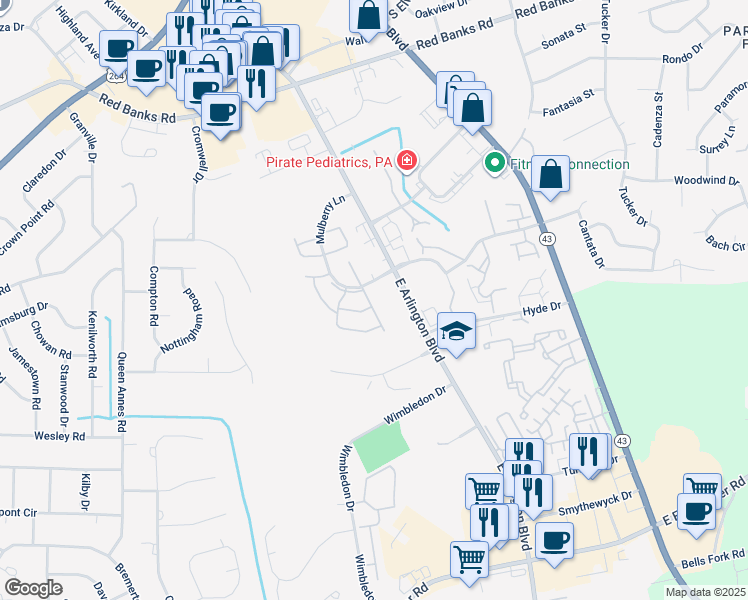 map of restaurants, bars, coffee shops, grocery stores, and more near 1310 East Arlington Boulevard in Greenville