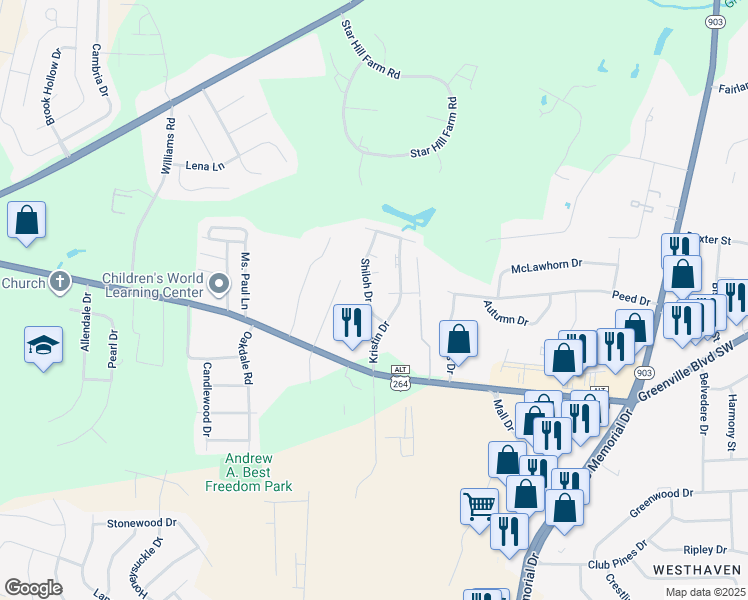 map of restaurants, bars, coffee shops, grocery stores, and more near 102 Stuart Circle in Greenville