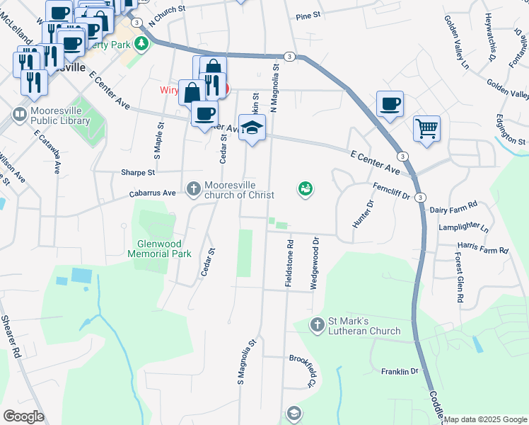 map of restaurants, bars, coffee shops, grocery stores, and more near 662 Mayflower Avenue in Mooresville