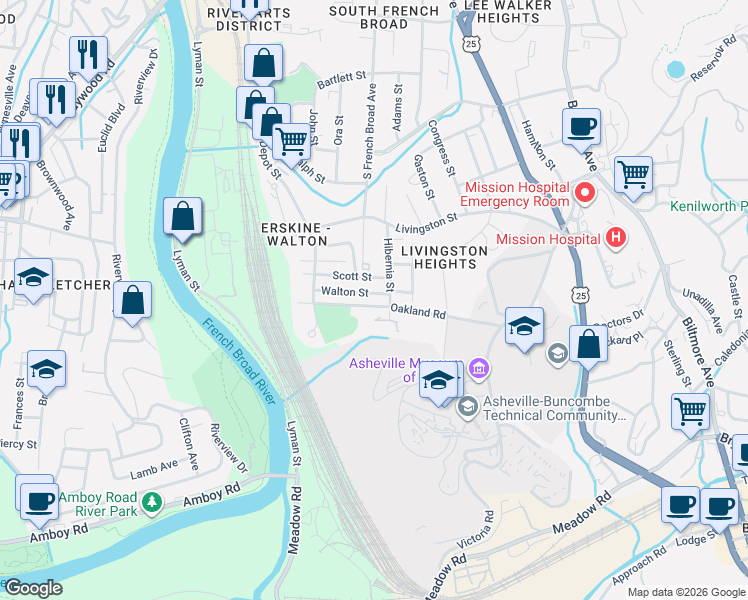 map of restaurants, bars, coffee shops, grocery stores, and more near 42 Walton Street in Asheville