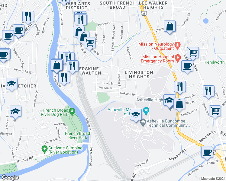 map of restaurants, bars, coffee shops, grocery stores, and more near 42 Walton Street in Asheville
