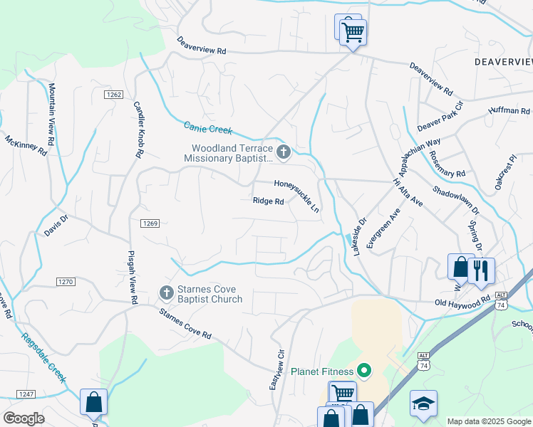 map of restaurants, bars, coffee shops, grocery stores, and more near 28 Ridge Road in Asheville