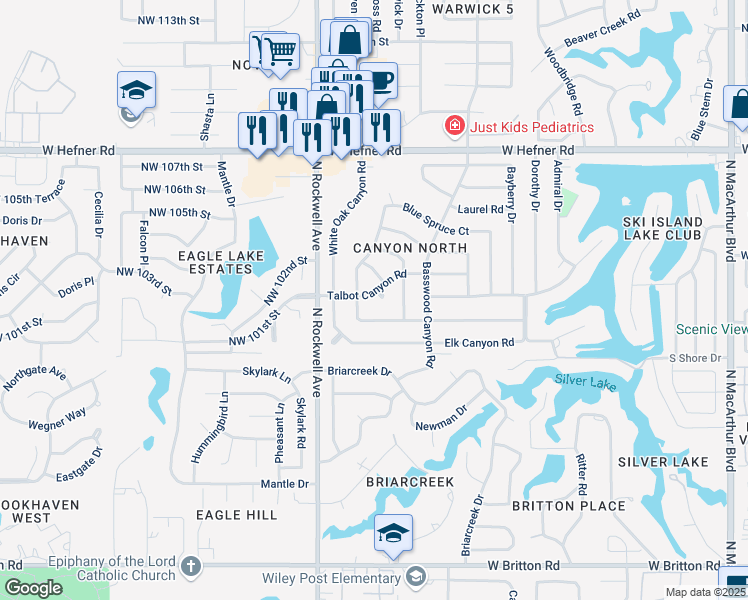 map of restaurants, bars, coffee shops, grocery stores, and more near 10408 Fawn Canyon Drive in Oklahoma City