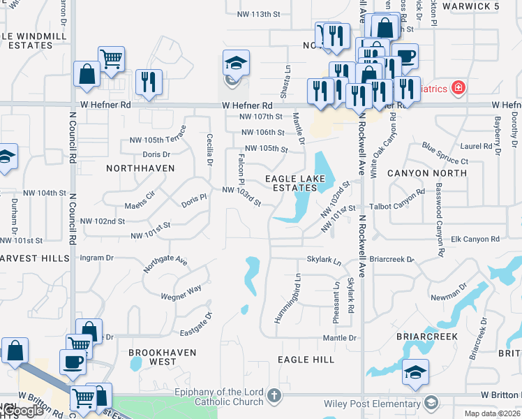 map of restaurants, bars, coffee shops, grocery stores, and more near 7405 Northwest 103rd Street in Oklahoma City