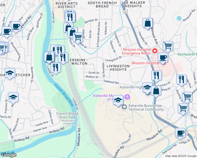 map of restaurants, bars, coffee shops, grocery stores, and more near 42 Walton Street in Asheville