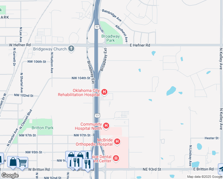 map of restaurants, bars, coffee shops, grocery stores, and more near 41 Northwest 102nd Street in Oklahoma City
