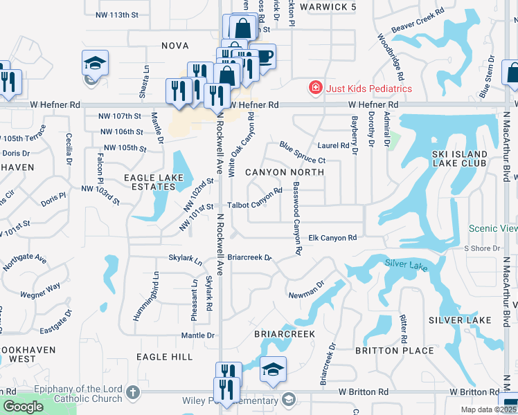 map of restaurants, bars, coffee shops, grocery stores, and more near 10408 Fawn Canyon Drive in Oklahoma City