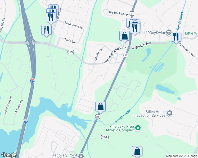 map of restaurants, bars, coffee shops, grocery stores, and more near 121 Blake Lane in Mooresville