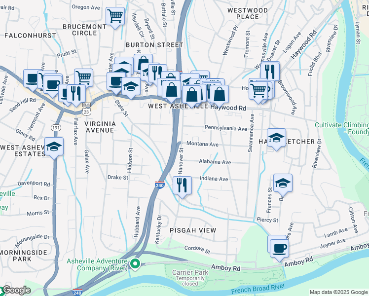 map of restaurants, bars, coffee shops, grocery stores, and more near 78 Hanover Street in Asheville