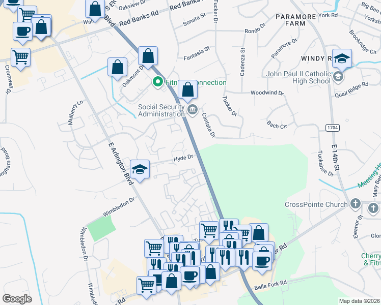 map of restaurants, bars, coffee shops, grocery stores, and more near 2209 Hyde Drive in Greenville