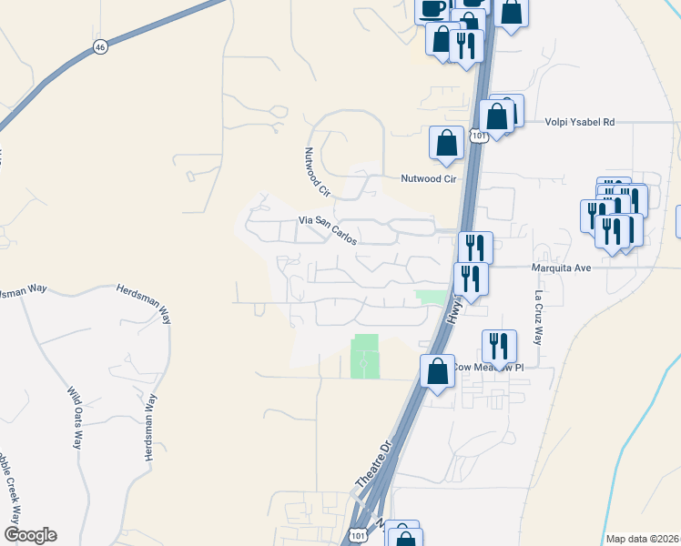 map of restaurants, bars, coffee shops, grocery stores, and more near 117 Via Robles in Paso Robles