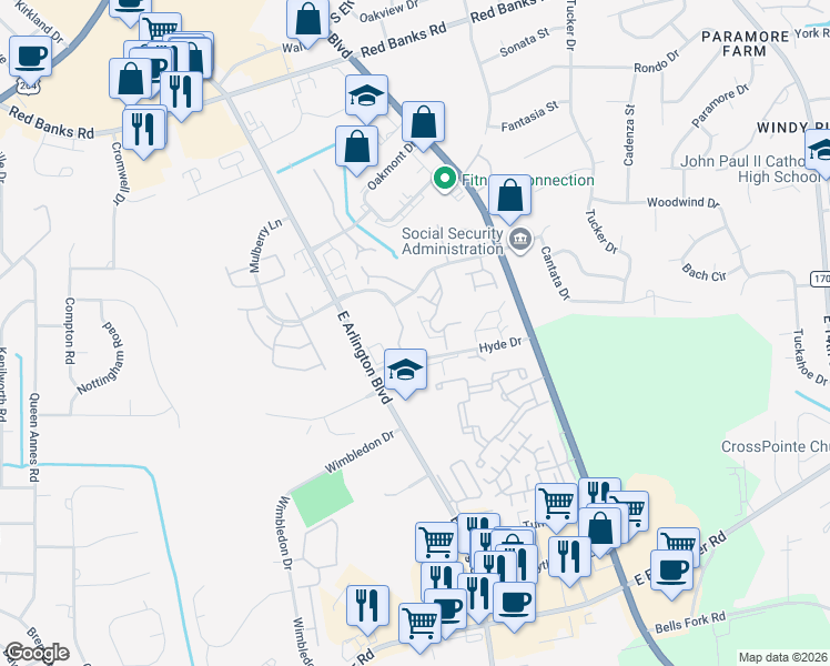 map of restaurants, bars, coffee shops, grocery stores, and more near 108 Breezewood Drive in Greenville